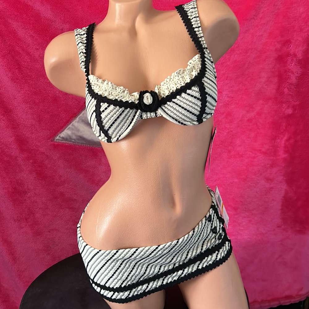 Betsey Johnson black cream striped bikini swimsuit retro dollbaby vintage skirt - Picture 4 of 16
